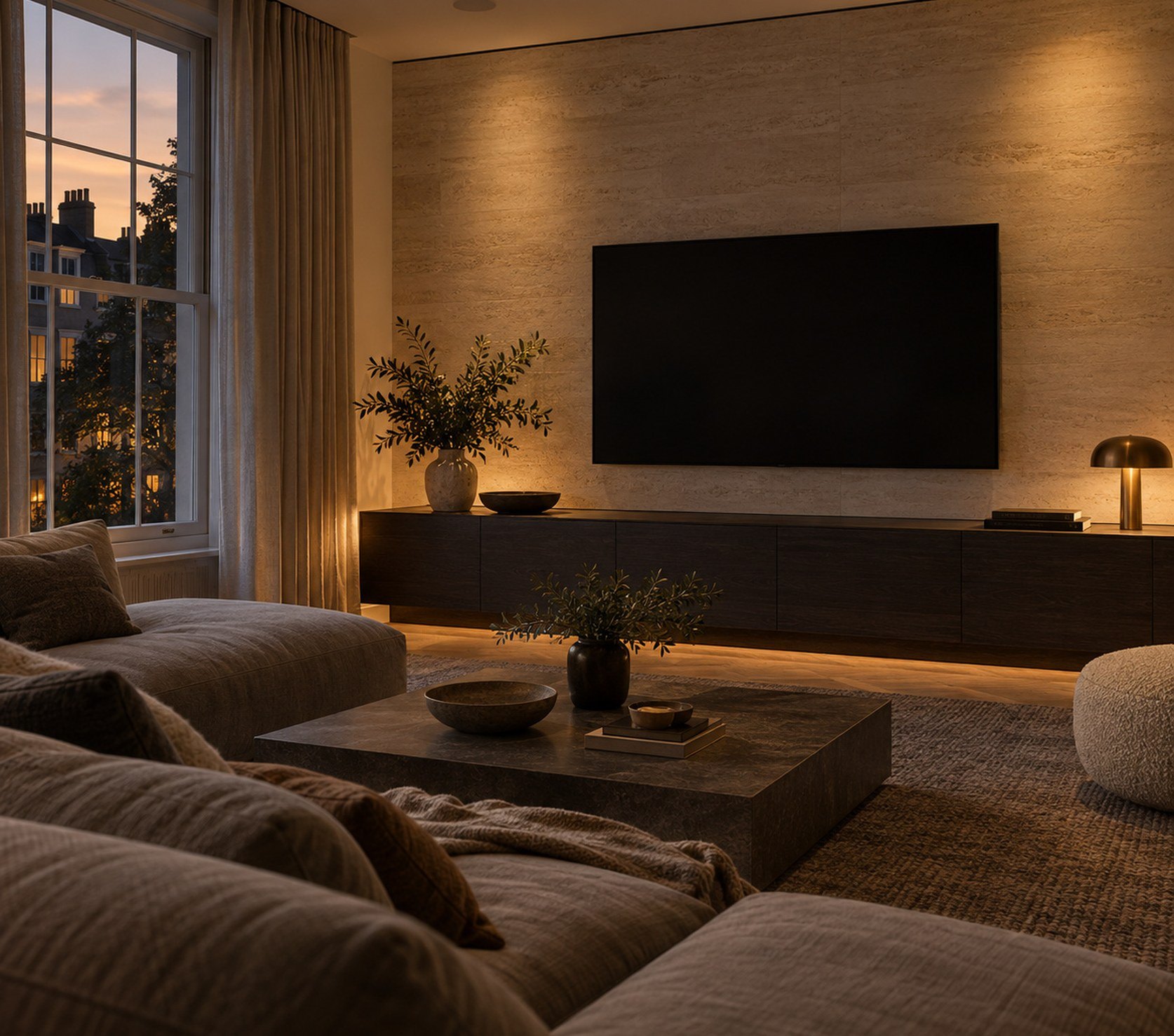 Living room with a wall-mounted screen and discreet audio in evening light