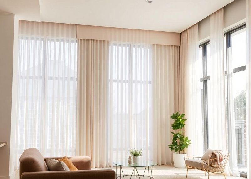 Living room with sheer curtains drawn across tall windows