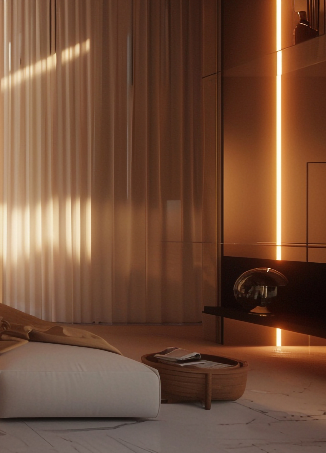 Living room in late sun through sheer curtains, an LED strip lit beside the window
