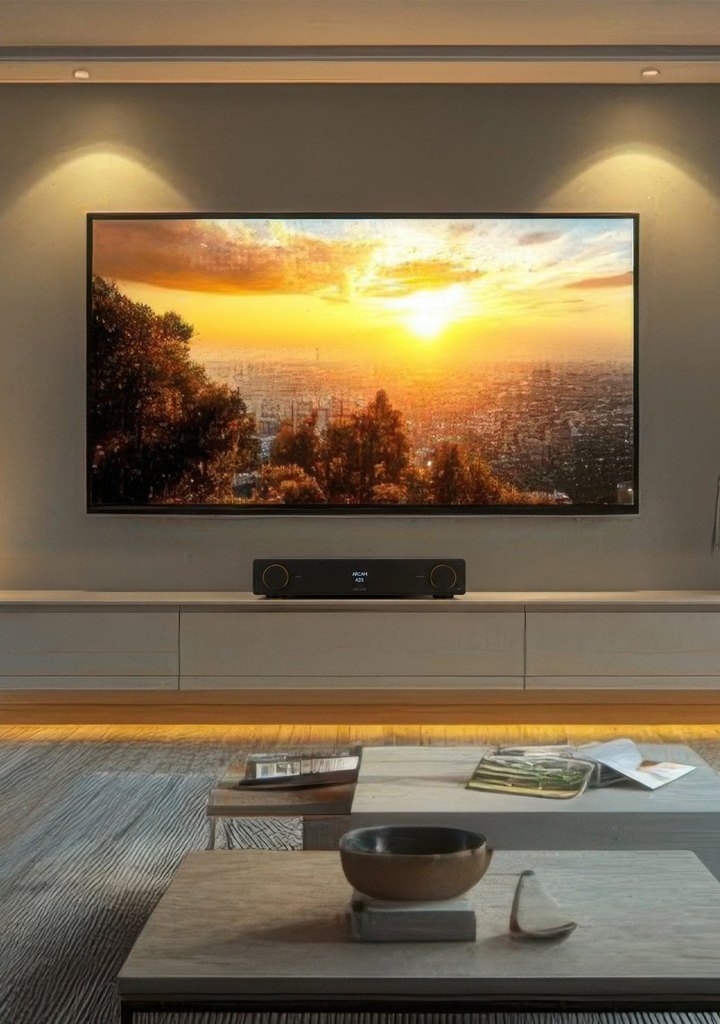 Living room with a wall-mounted TV and an Arcam Radia amplifier on the media console, lit by warm wall washers