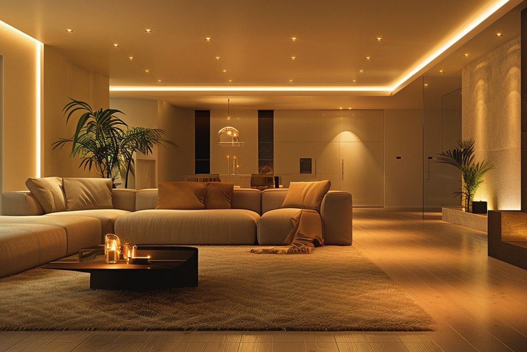Living room at night with warm cove lighting and downlights