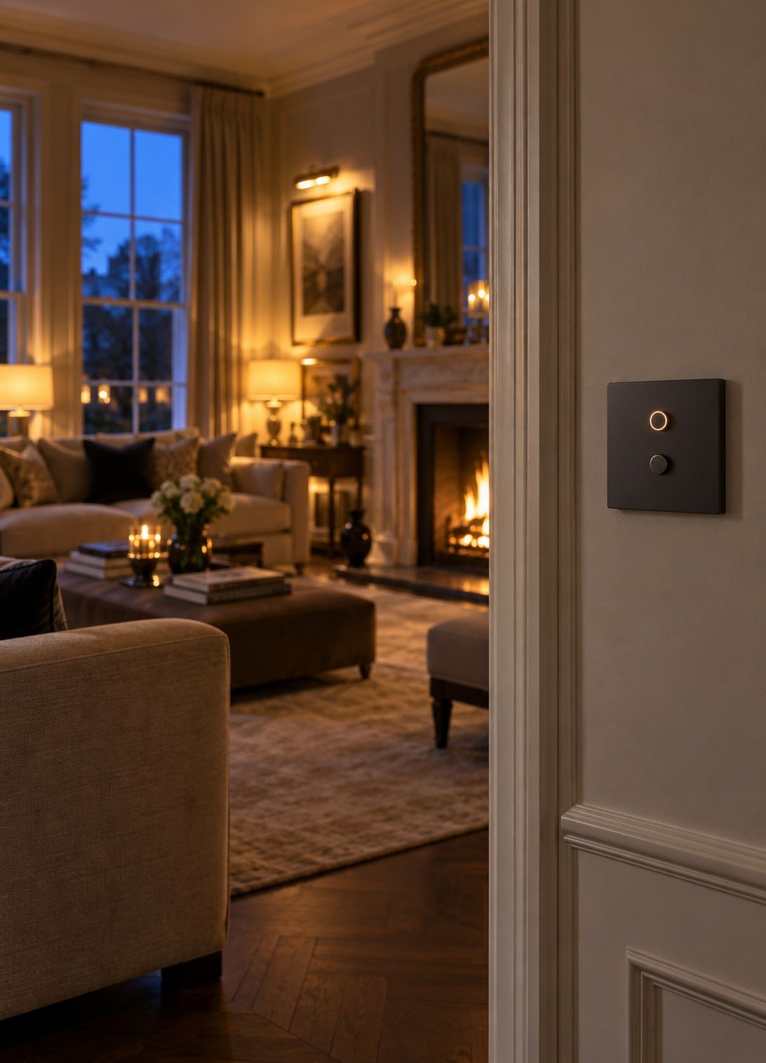 Lutron Alisse keypad by the door of a drawing room glowing at dusk