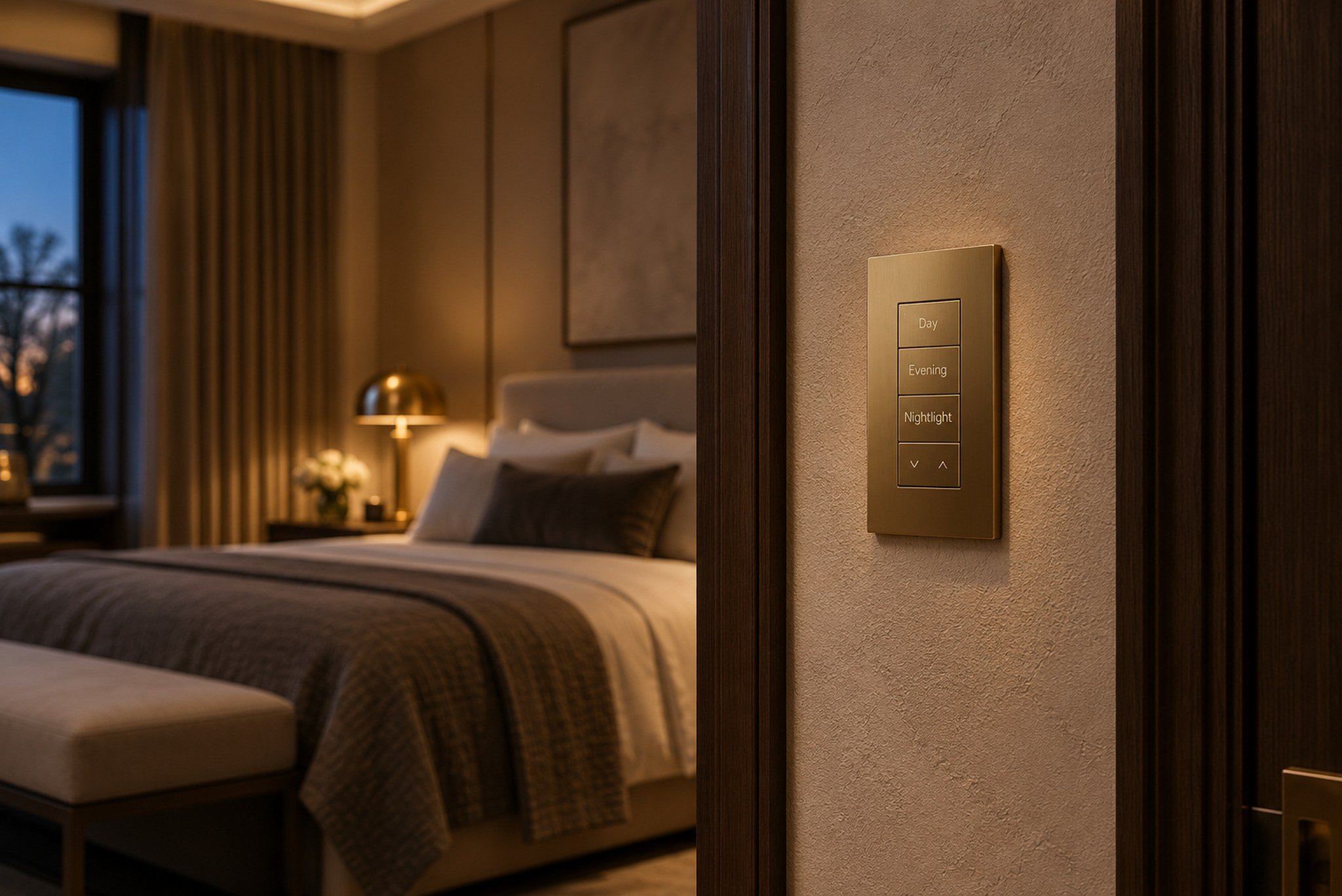 Lutron Palladiom keypad in satin brass beside a bedroom door
