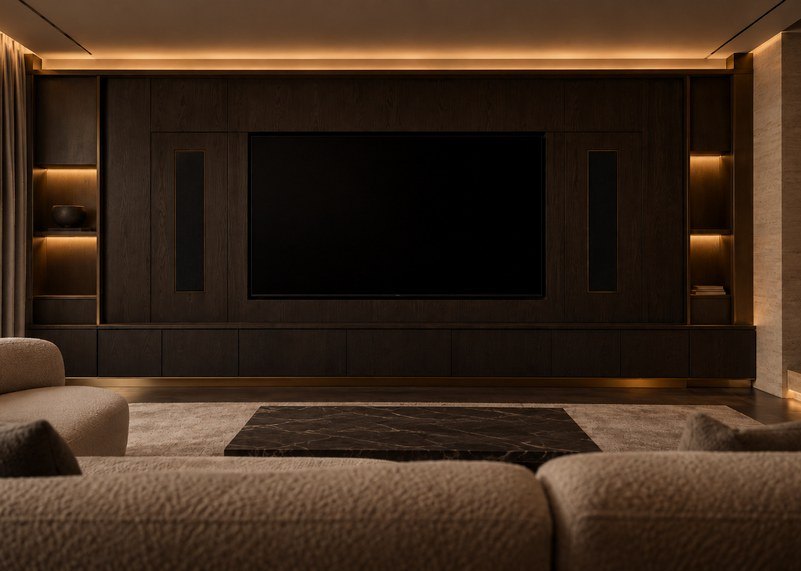 Private media room with a screen set into dark oak joinery under warm cove lighting