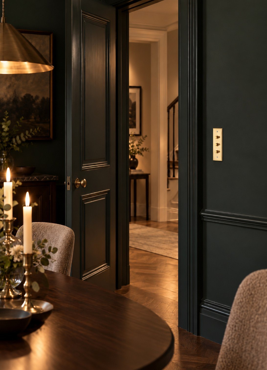 Meljac brass push-button plate beside a dining-room door with deep green walls