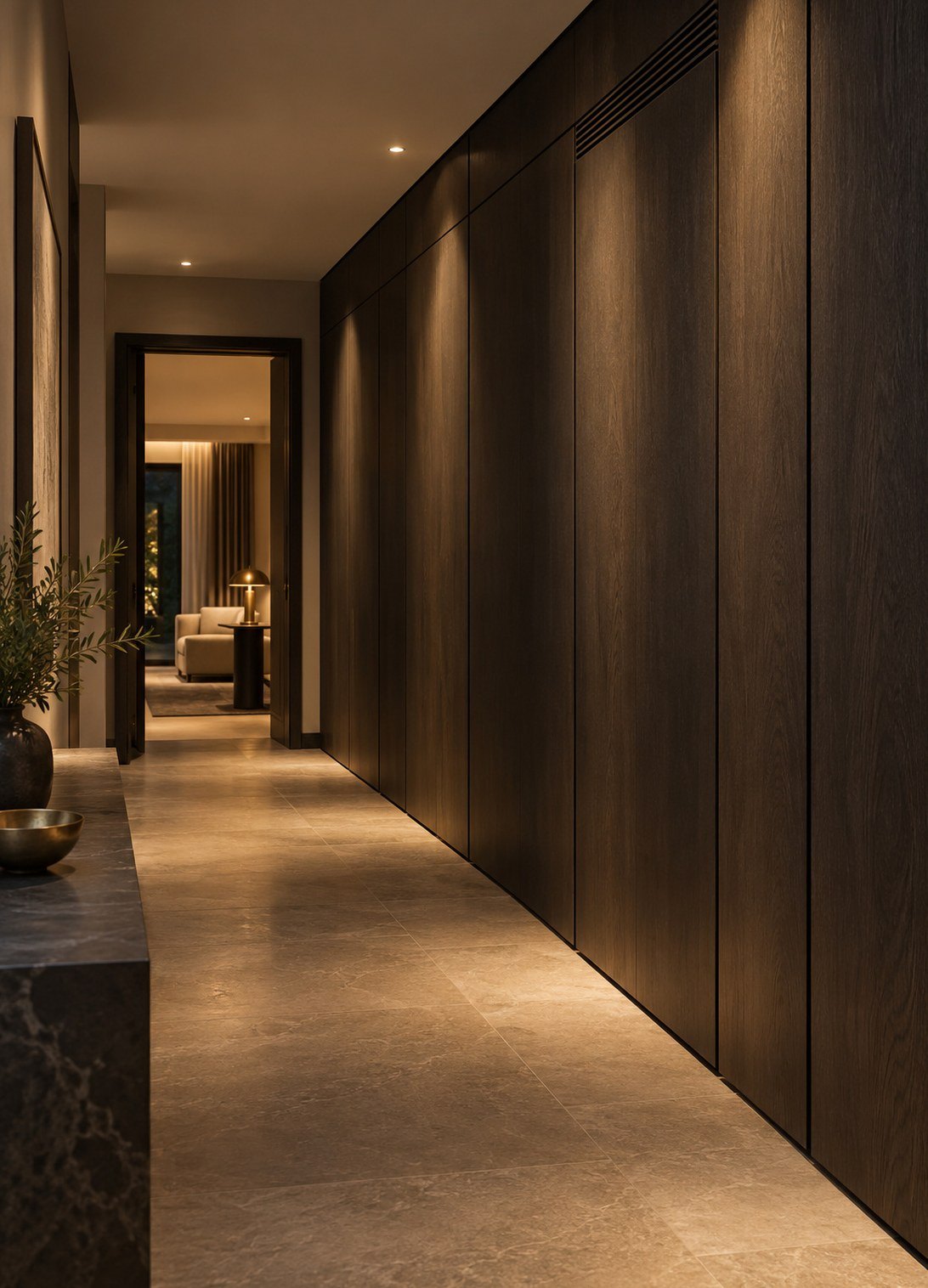 Oak-panelled hallway with flush joinery doors concealing the comms cupboard