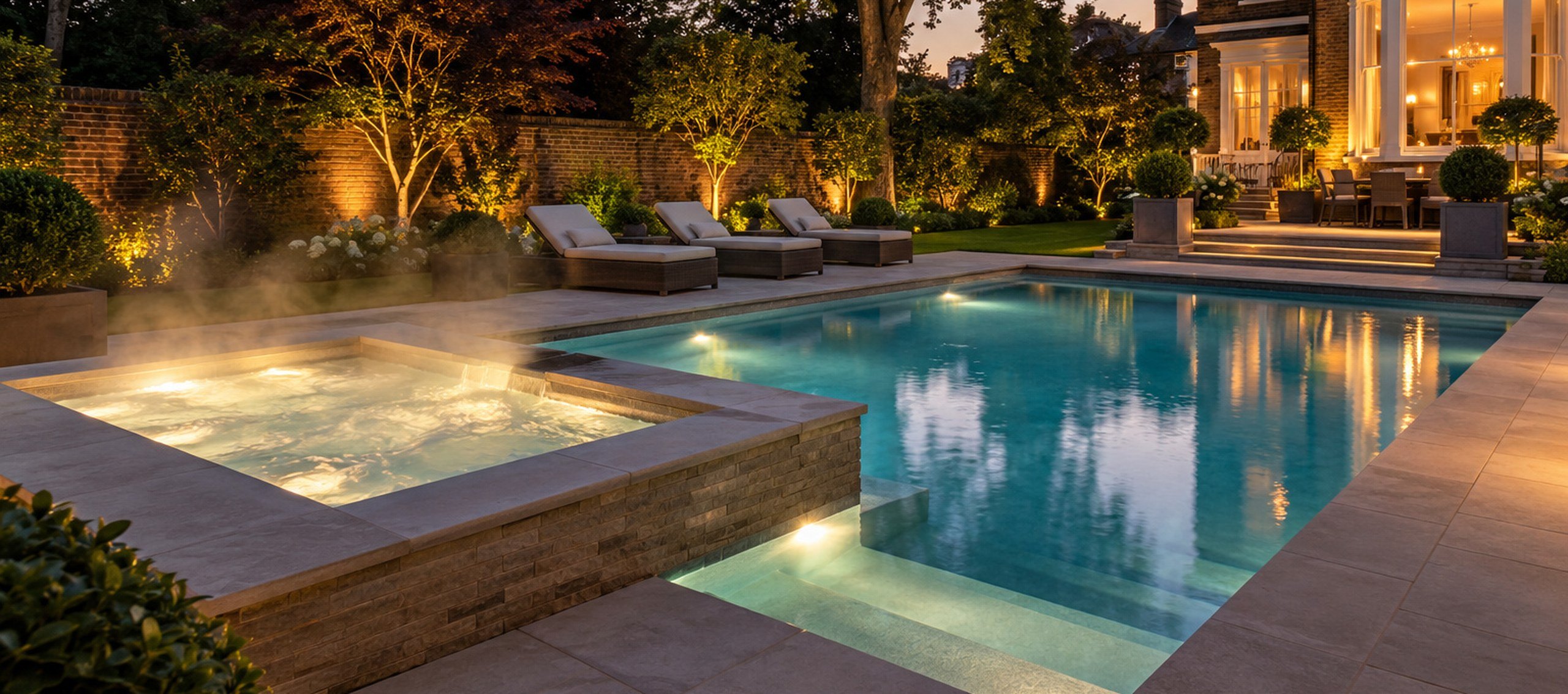 Heated outdoor pool and steaming spa in a London garden at dusk