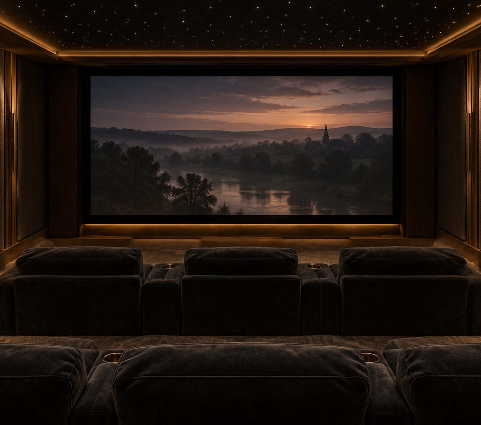 Private cinema with a starry ceiling, two rows of velvet recliners and a large screen
