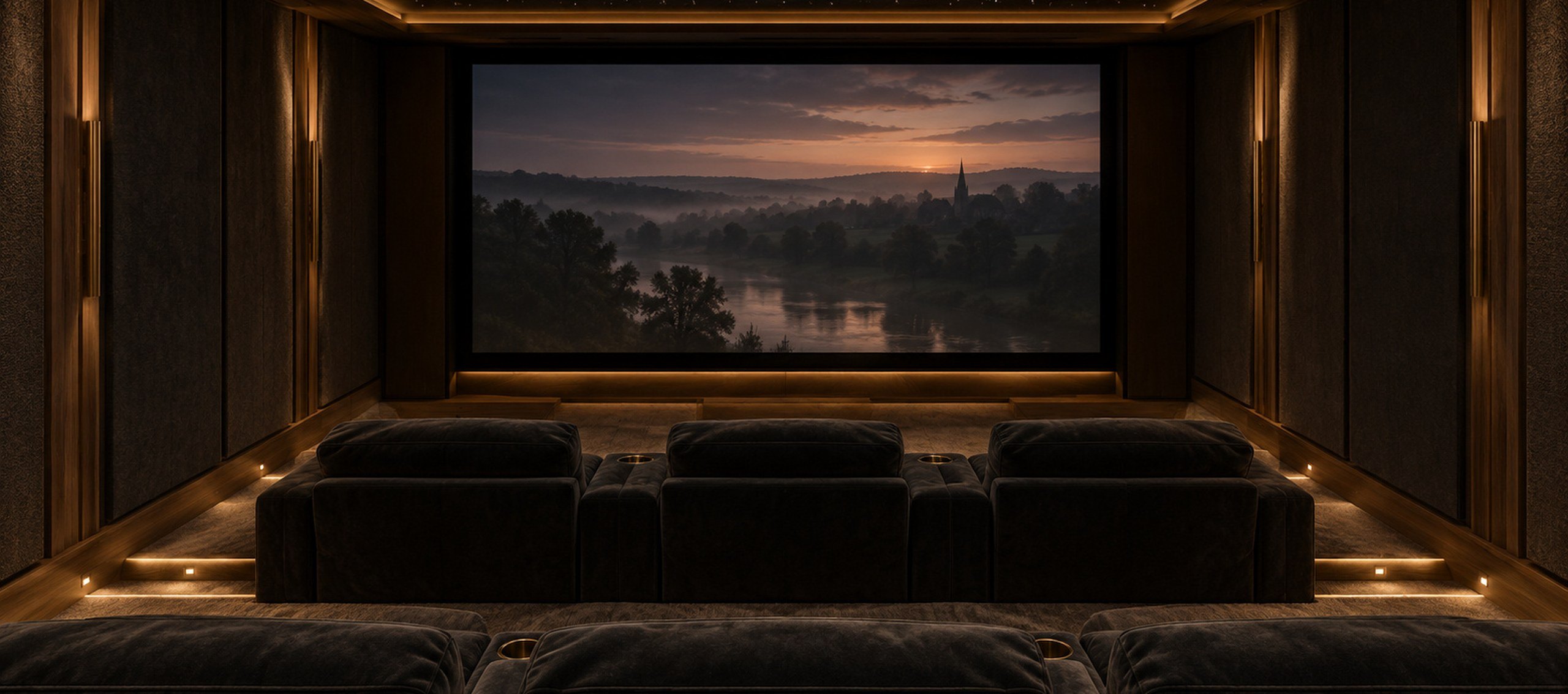 Private cinema with a starry ceiling, two rows of velvet recliners and a large screen