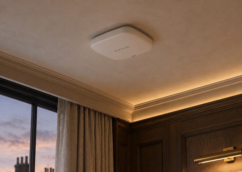 Ruckus Wi-Fi access point on the ceiling of an oak-panelled drawing room