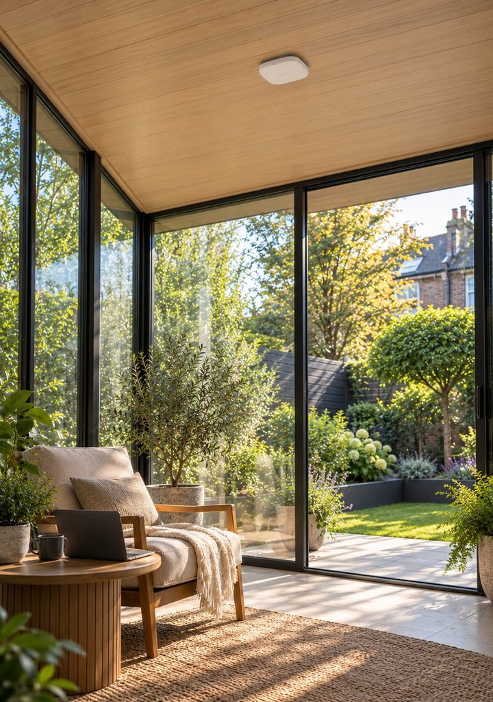Garden room with a timber ceiling and a Ruckus Wi-Fi access point, glass doors open to the garden