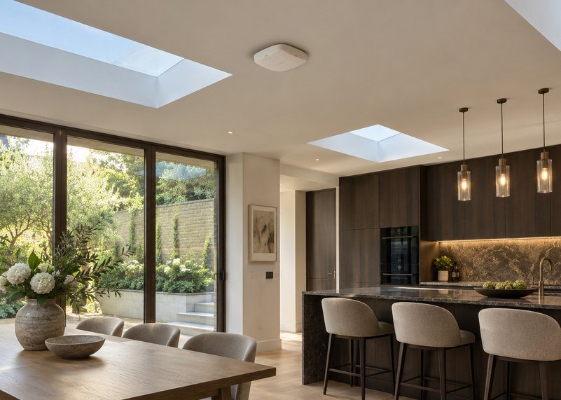 Kitchen extension in daylight with a Ruckus Wi-Fi access point between the roof lights