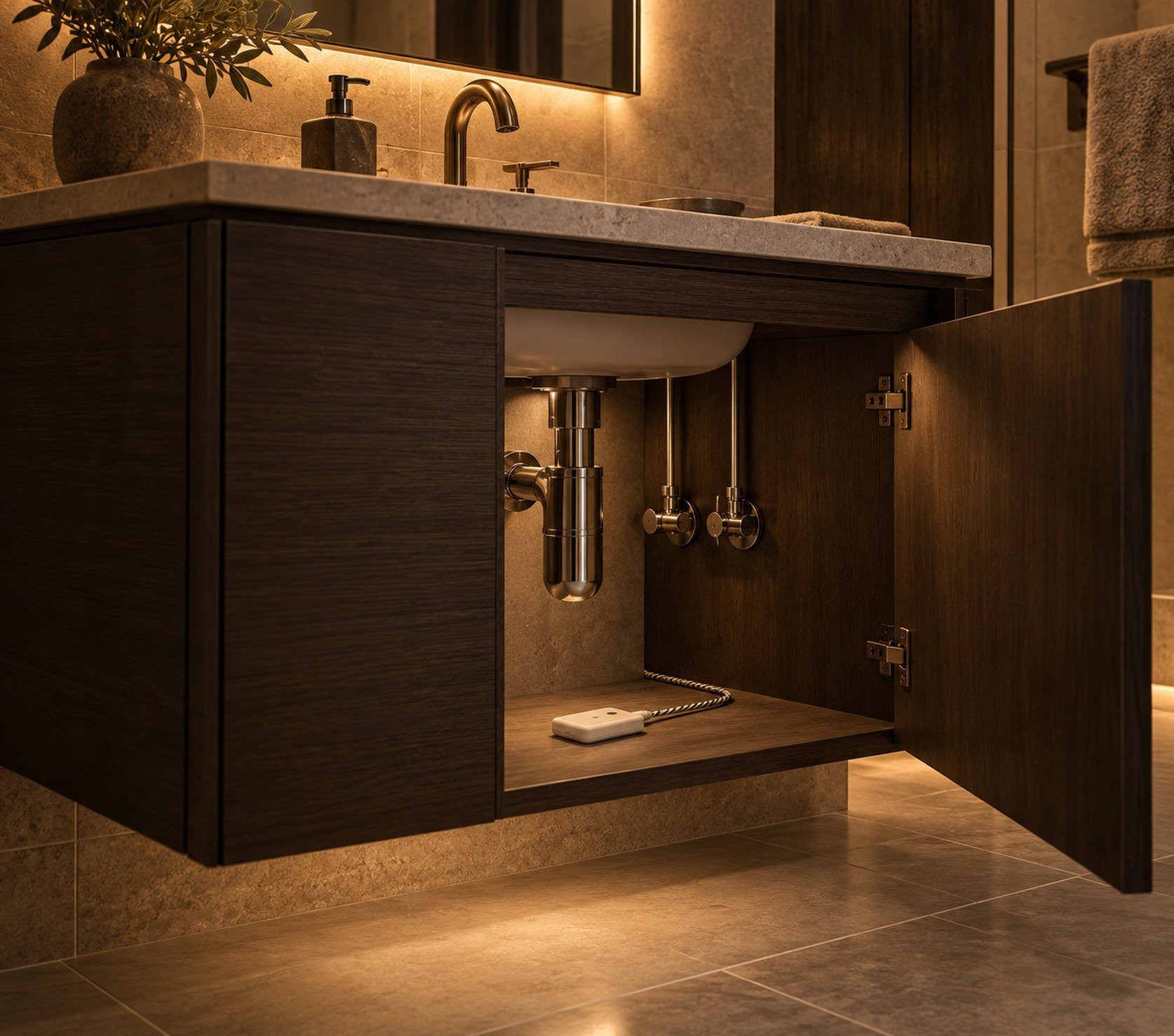 Shelly Flood leak sensor on the floor inside an open oak bathroom vanity