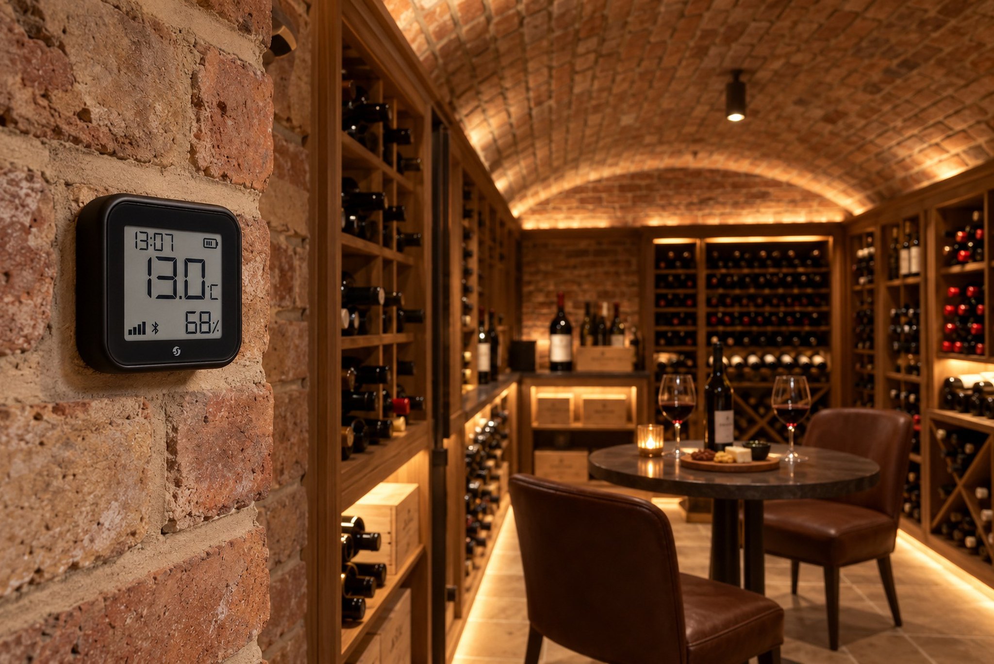 Shelly temperature and humidity sensor on the brick wall of a vaulted wine cellar