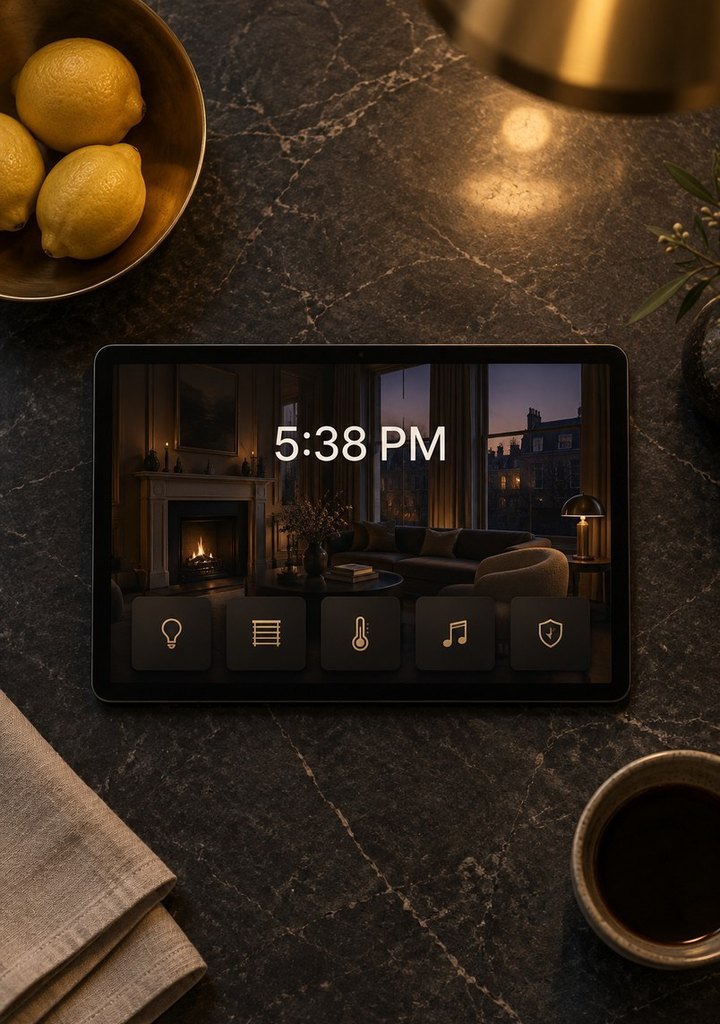 Tablet on a dark stone table showing a home control app, lemons and coffee beside it