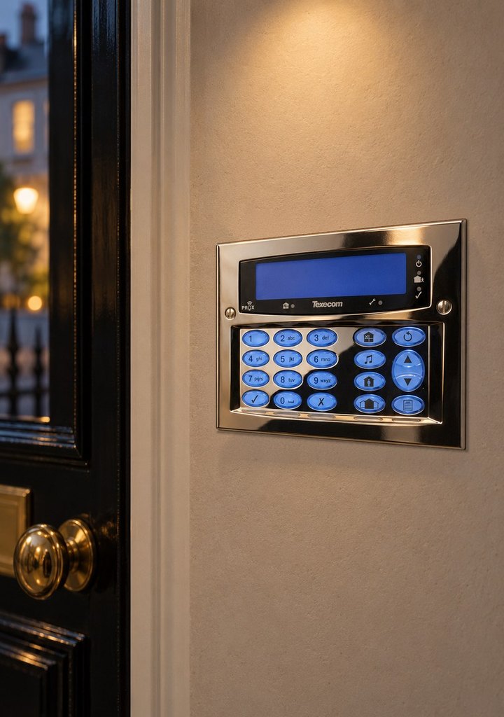 Texecom Premier Elite alarm keypad with a polished chrome faceplate, flush in the wall beside a front door