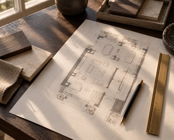 Design table with a townhouse floor plan marked with lighting positions, material samples and a brass ruler