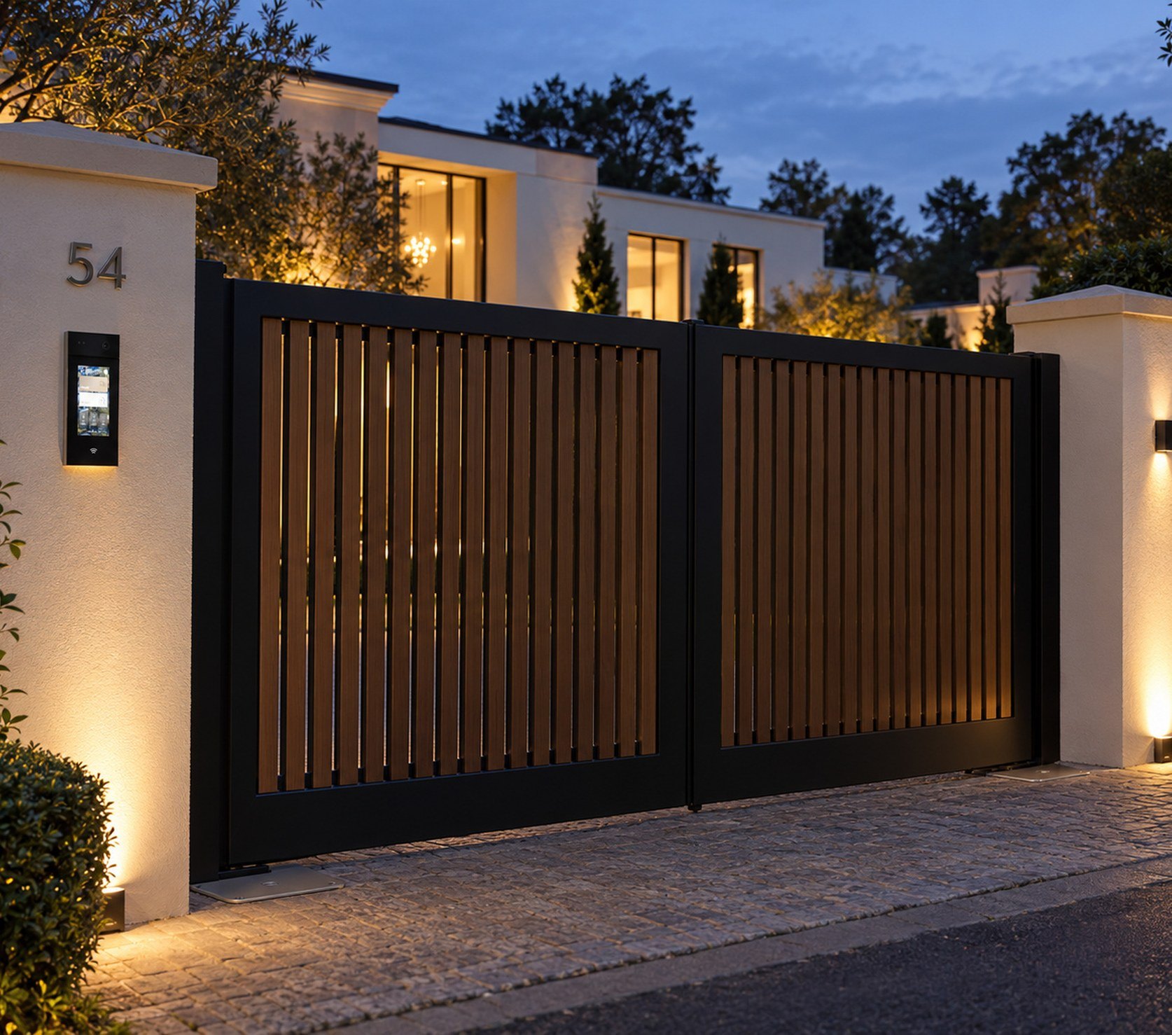 Closed timber and steel gates of a white villa at dusk, an intercom on the street face of the pier