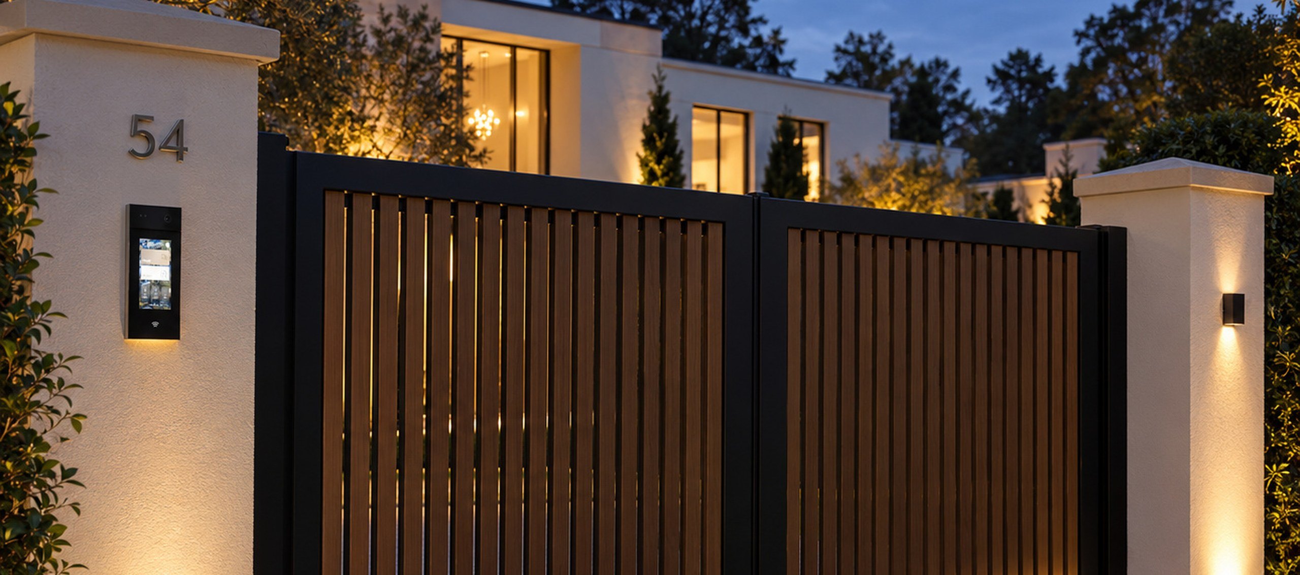 Closed gates of a white villa at dusk with an intercom on the pier