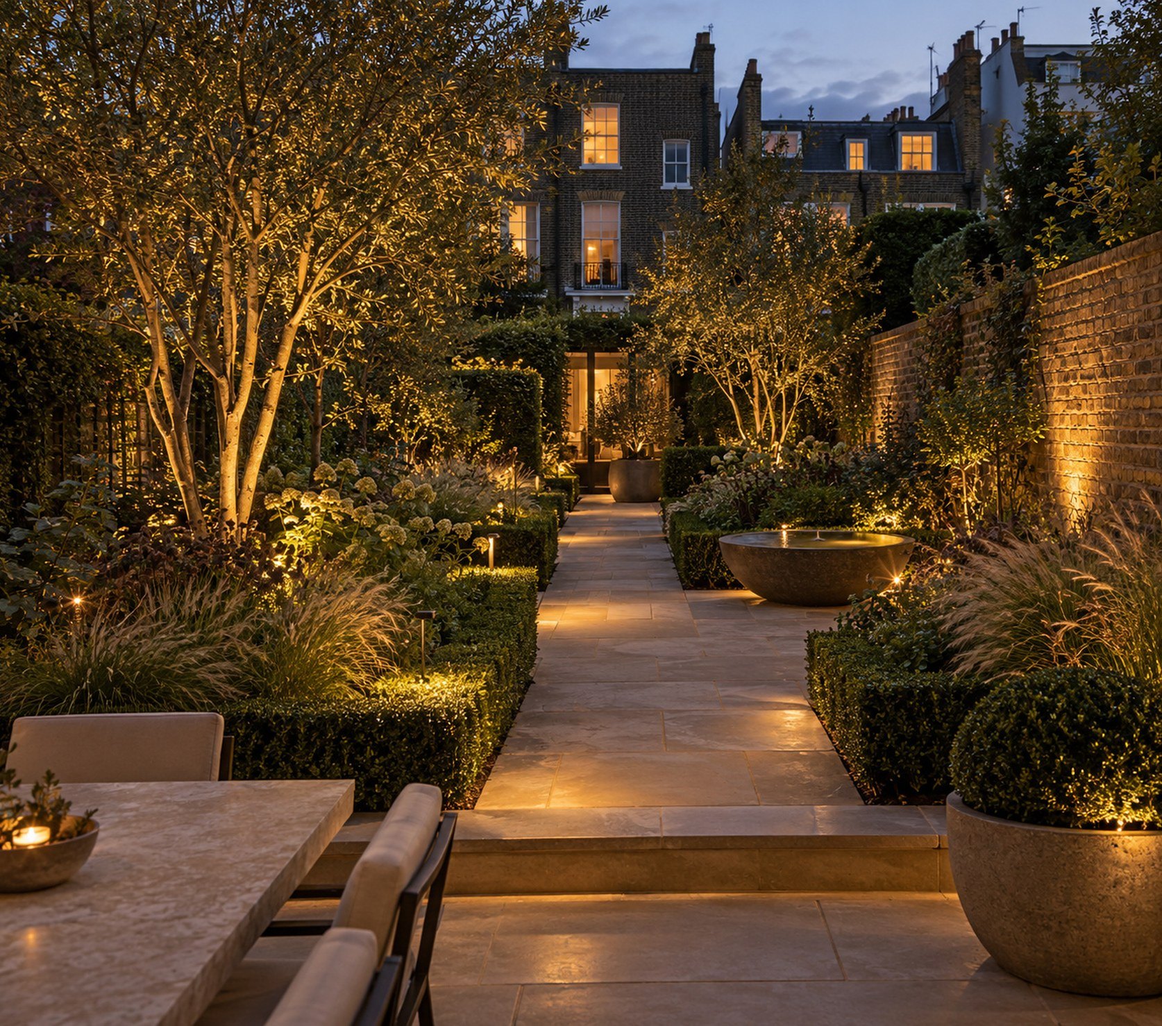 Walled London garden at dusk with uplit trees and soft path lighting along a York stone path